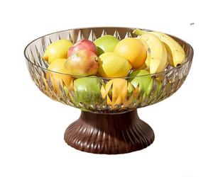 Moderno cuenco de frutas de pie alto con diseño de grano de madera, bandeja transparente de PET para decoración de sala de estar, organización minimalista del hogar, plato de almacenamiento de fácil