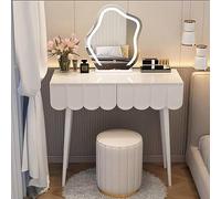 Moderno escritorio blanco con espejo LED y cajones, juego de tocador de maquillaje con taburete para niñas, espejo iluminado de tres colores para aplicación de maquillaje de alta definición