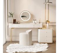 Moderno escritorio blanco con espejo redondo de madera maciza, juego de tocador con cajones y luces LED ajustables, patas blancas y doradas, 80 cm