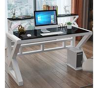 Moderno escritorio de computadora de vidrio templado para oficina en casa con marco de metal resistente, mesa de estudio simple de 39 pulgadas, color blanco y negro con diseño elegante