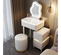 Moderno escritorio de maquillaje blanco con taburete acolchado, elegante mesa de madera para niñas y mujeres, perfecto para dormitorio o vestidor, diseño compacto redondo de 50 cm, color crema