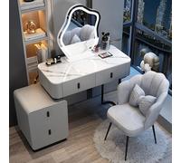 Moderno escritorio de maquillaje con espejo de iluminación ajustable y cajones, diseño compacto con taburete, perfecto para espacios pequeños, elegante tocador para dormitorio