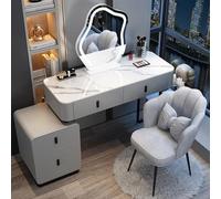 Moderno escritorio de maquillaje con espejo de iluminación ajustable y cajones, diseño compacto para espacios pequeños, elegante tocador de dormitorio con taburete