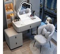 Moderno escritorio de maquillaje con espejo y luces ajustables, tocador compacto con cajones y taburete para espacios pequeños, muebles de dormitorio elegantes
