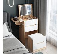 Moderno escritorio de maquillaje con luz LED, espejo abatible, toma de corriente, 2 cajones y taburete de almacenamiento, elegante mesa de cosméticos para dormitorio