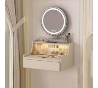 Moderno escritorio de pared con luz LED, puerto USB y mesa retráctil, cajón flotante para maquillaje y mesita de noche (70 x 40,5 x 39,5 cm)