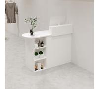 Moderno escritorio de recepción blanco con cajones con cerradura y mostrador frontal de madera para uso en salón y oficina