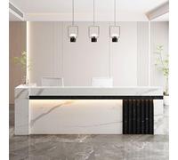 Moderno escritorio de recepción con almacenamiento, elegante mostrador frontal para oficinas, salones y minoristas, iluminación ambiental suave, elegante acabado blanco y negro, mesa recepcionista