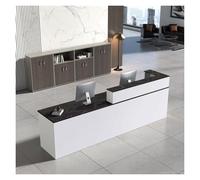 Moderno escritorio de recepción con cajón para teclado y almacenamiento, elegante mostrador de oficina en madera para minoristas y centro de estética (blanco y negro izquierdo, 200 cm)