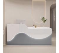 Moderno escritorio de recepción con cajones de almacenamiento y tiras de luz LED, mostrador de oficina frontal de 120 cm para pequeñas empresas, gris y blanco, elegante mesa recepcionista para un