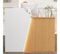 Moderno escritorio de recepción con luces LED con cajones con cerradura, mostrador de oficina, estación de cajero, elegante mostrador de ventas, mesa de recepción funcional con gestión de cables