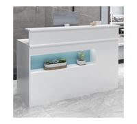 Moderno escritorio de recepción con luz LED, mostrador de caja con cajón de almacenamiento cerrado, fácil de montar, mesa de salida al por menor, azul, 120 cm, elegante y funcional
