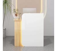 Moderno escritorio de recepción con mostrador y cajón con cerradura, pequeño escritorio frontal para vestíbulo de salida de salón, acabado blanco y natural (140 cm)