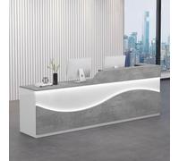 Moderno escritorio de recepción con tiras de luz LED, elegante mostrador de oficina frontal de 1,4 m para supermercados y tiendas de ropa, mesa recepcionista blanca y gris, diseño contemporáneo