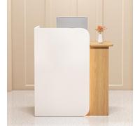 Moderno escritorio de recepción de madera con cajones de almacenamiento, elegante mostrador frontal para salón, oficina, vestíbulo y venta al por menor, acabado blanco y natural, lado derecho, 100 x