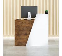 Moderno escritorio de recepción de madera con mostrador y cajones, elegante para salón, oficina, vestíbulo, acabado de madera quemada, orientación izquierda, 100 x 42 x 100 cm