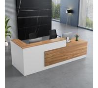 Moderno escritorio de recepción en forma de L con cajón con cerradura, mesa de madera para computadora, elegante acabado blanco, diseño SpaceSing (240 x 60 x 105 cm)