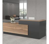 Moderno escritorio de recepción en forma de L con cajones con cerradura, mostrador de madera, uso comercial, acabado gris hierro, elegante mostrador de recepción con gabinete para espacios de oficina