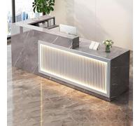 Moderno escritorio de recepción en forma de L con tira de luz LED de 79 x 39.3 x 79 pulgadas, elegante cajón con cerradura para oficina y área de recepción, diseño elegante en color A