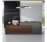 Moderno escritorio de recepción en forma de L, elegante mostrador de madera con cajón para teclado, elegante mesa de recepción para oficina y tienda, muebles de recepción versátiles