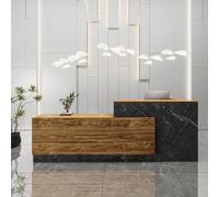 Moderno escritorio de recepción en forma de L, elegante mostrador de oficina con cajón de teclado, versátil mueble de recepción de madera compuesta para uso profesional