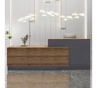 Moderno escritorio de recepción en forma de L, elegante mostrador marrón para supermercados, mini mercados, salones de belleza, oficinas, elegante diseño de 260 cm de longitud