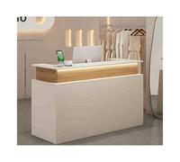 Moderno escritorio de recepción impermeable, elegante mostrador de caja blanco y madera con iluminación LED, fácil de limpiar, estación de oficina de 130 cm para un entorno de trabajo cómodo