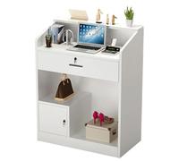 Moderno escritorio de recepción pequeño con mostrador, mesa recepcionista compacta con ojales para cables, mostrador de pago al por menor para salón, tienda, vestíbulo, escritorio de oficina en casa