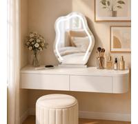 Moderno escritorio flotante totalmente montado con estante de maquillaje montado en la pared para muebles de dormitorio que ahorran espacio, elegante tocador blanco L (140 cm)