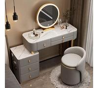Moderno escritorio gris con espejo iluminado LED táctil, 3 modos de iluminación de color, 3 cajones, armario de almacenamiento y estación de carga, ideal para dormitorio, mesa de tocador de maquillaje