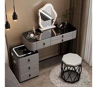 Moderno escritorio gris con espejo iluminado LED táctil, 3 modos de iluminación de color, 3 cajones de almacenamiento y estación de carga, ideal para el área de maquillaje de dormitorio