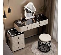 Moderno escritorio gris con espejo iluminado táctil, 3 modos de iluminación de color, cajones de almacenamiento y estación de carga, perfecto para mesa de maquillaje de dormitorio (beige, 120 cm)