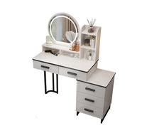 Moderno escritorio retráctil con cajones y mesita de noche, mesa de maquillaje multifunción para niñas, gran almacenamiento, espejo de luz táctil de 3 colores, escritorio minimalista