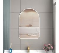 Moderno espejo de baño de 40 x 60 cm con estante, marco profundo de metal blanco, espejo de tocador HD para baño, dormitorio, sala de estar, elegante espejo de pared decorativo elíptico