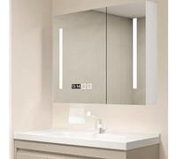 Moderno espejo de baño inteligente con luz LED con espejo antivaho montado en la pared con gabinete de medicina de madera de almacenamiento, 3 luces de color y visualización de tiempo.