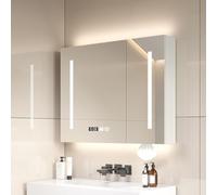 Moderno espejo de baño LED, 80 x 70 cm, 3 puertas, antivaho, visualización de tiempo, toallero, interruptor con sensor táctil, enchufe integrado, elegante solución de almacenamiento