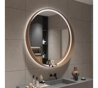 Moderno espejo de baño redondo inteligente LED de 60 x 60 pulgadas, antivaho, inastillable, retroiluminado, regulable, 3 colores, montado en la pared con madera maciza e (sauce)