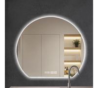 Moderno espejo de baño semicircular con luz LED antivaho, indicador de tiempo y temperatura, elegante diseño montado en la pared para baños contemporáneos