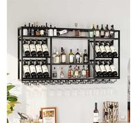 Moderno estante de vino de metal montado en la pared con soporte para botellas de vino y estante de vidrio de 2 niveles para el hogar, bar, comedor, cocina, acabado rústico negro, 160 cm
