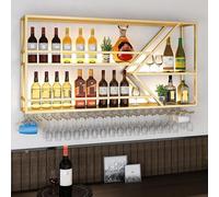 Moderno estante industrial grande de metal montado en la pared para botellas y vasos con luces LED, elegante estante de almacenamiento para cocina y bar (lado izquierdo dorado, 120 cm)