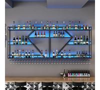 Moderno estante LED para vino, estante industrial de metal montado en la pared con soporte para vidrio, almacenamiento de botellas de 2/3 niveles para el hogar, bar, bodega, cocina (luz azul negra