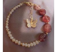 Moderno Feng Shui Riqueza Brazalete de Fresa Cuarzo de Agua Dulce Perla Mariposa Colgante de Mariposa Chakra Gemstone Pulsera Ajustable atraer Dinero Amor Buena Suerte cinabar