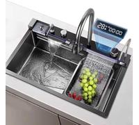 Moderno fregadero de cocina de acero inoxidable con borde de cascada y pantalla de temperatura, cuenco individual grande para hogares contemporáneos y diseño elegante
