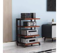 Moderno gabinete de componentes de audio y vídeo con rueda de freno, 4 niveles, negro + soporte estéreo de teca, torre de audio
