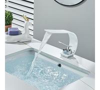 Moderno grifo de lavabo de baño cepillado dorado con diseño único de boquilla de puente mezclador de agua fría y caliente, elegante grifo en cascada para fregadero, accesorio de lavabo de alta calidad