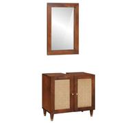 Moderno juego de baño rectangular con mueble bajo lavabo y espejo de madera de mango macizo, acabado marrón. Tamaño: 62 x 33 x 58 cm. Almacenamiento espacioso, montado en la pared, versátil para el in