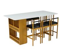 Moderno juego de comedor con estante de almacenamiento para cocina y comedor, mesa rectangular de MDF, marco de metal, sillas de respaldo de poliuretano, ahorro de espacio, grupo de comedor de 7