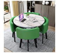Moderno juego de comedor de 5 piezas con mesa redonda de madera y patas de metal, 4 sillas de cuero, color negro, 80 cm/90 cm, ideal para balcón, comedor, cocina u oficina