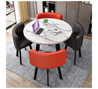 Moderno juego de comedor de 5 piezas con mesa redonda de madera y patas de metal, incluye 4 sillas de cuero negro, ideal para balcón, comedor, cocina, oficina y área de recepción.