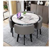 Moderno juego de comedor de 5 piezas con mesa redonda de madera y patas de metal, incluye 4 sillas de cuero, color negro, ideal para balcón, comedor, cocina u oficina